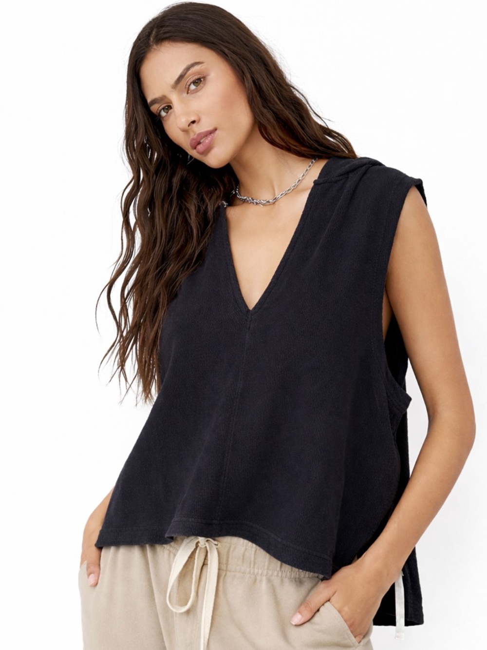 Free People Beach Day Tripper Sleeveless Hoodie Tank Medium Oversized Navy